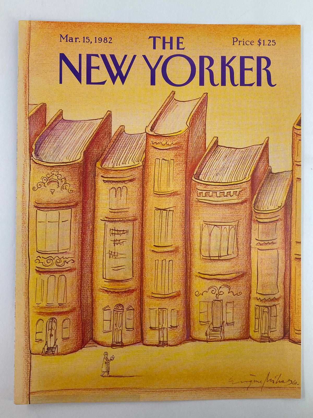 Cover illustration of The New Yorker from March 15, 1982, titled 'Building of Books' by Eugene Mihaesco, depicting artistic representations of books with a whimsical cityscape backdrop.