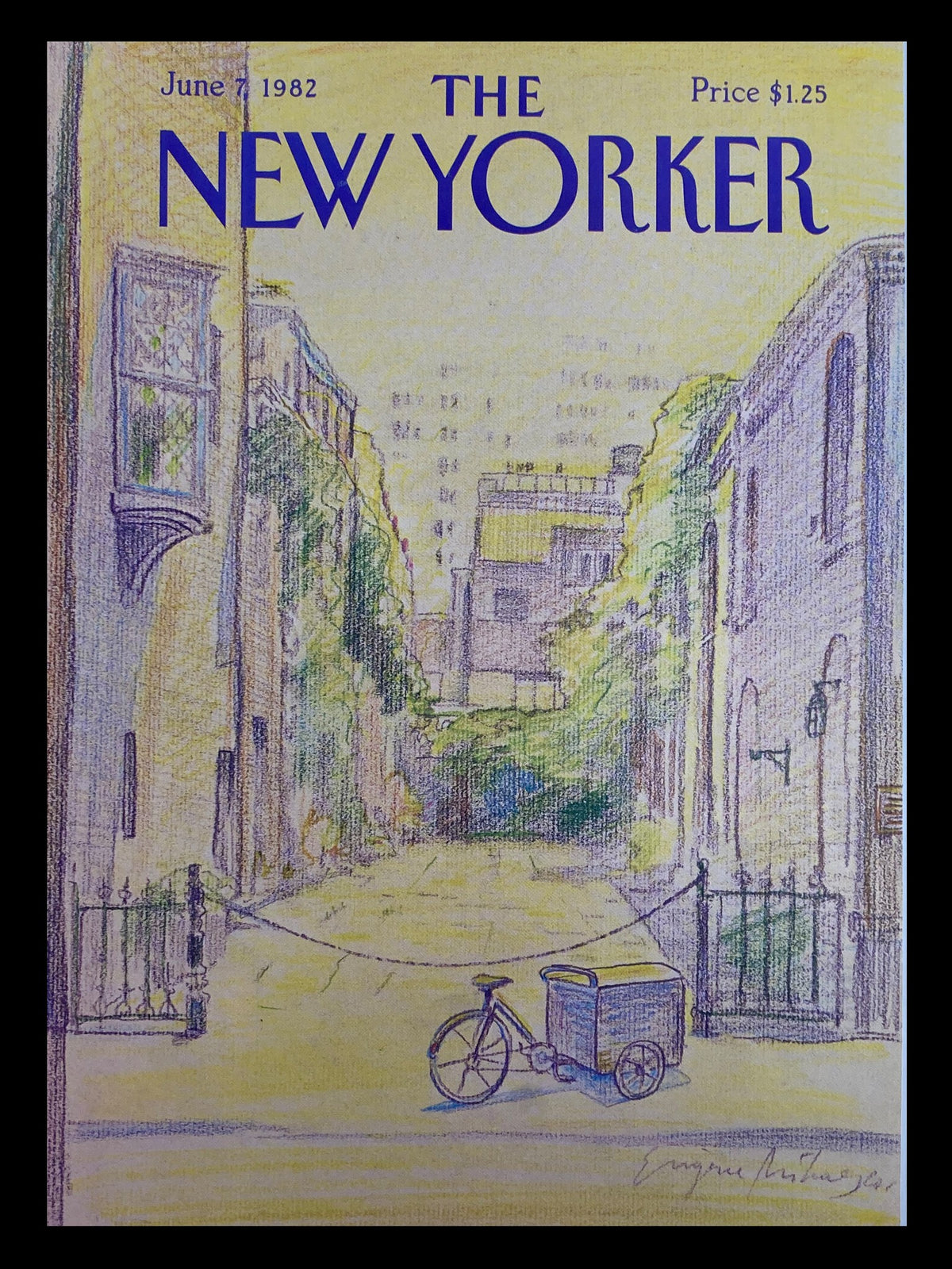 COVER ONLY The New Yorker June 7, 1982 featuring "Courtyard Bike" illustration by Eugene Mihaesco, depicting a serene courtyard with a bicycle and a cart.