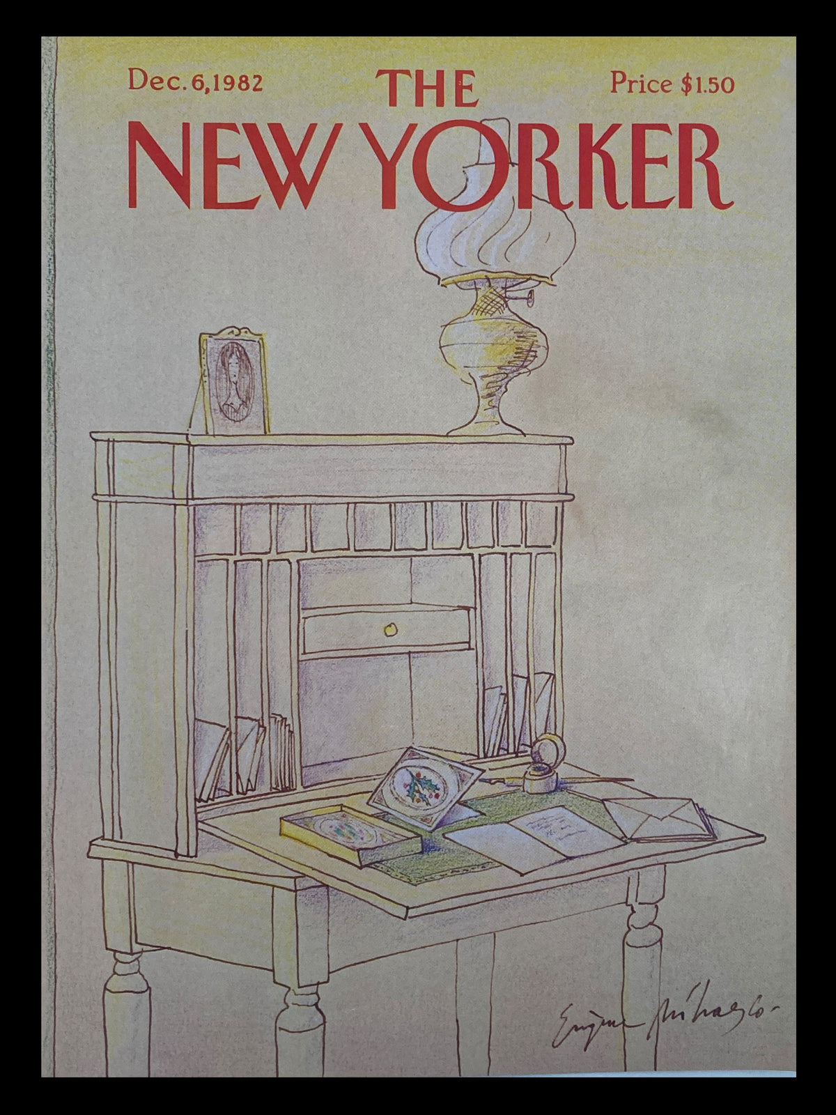 COVER ONLY The New Yorker December 6 1982 featuring artwork titled 'Writing a Letter' by Eugene Mihaesco, depicting a vintage desk with various items including a lamp and correspondence.