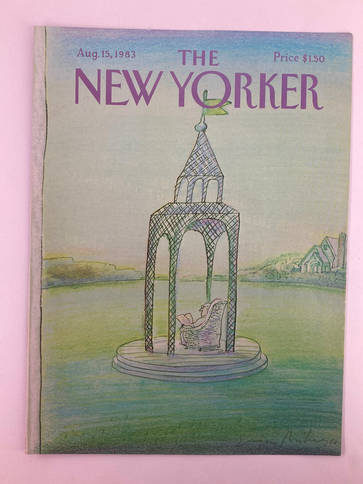 COVER ONLY The New Yorker August 15 1983 Single Gazebo by Eugene Mihaesco featuring a serene gazebo illustration with a seated figure reading, against a gentle landscape background.