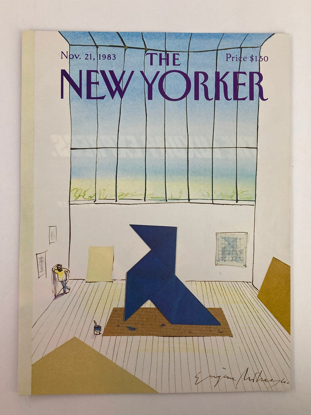 The New Yorker Cover dated November 21, 1983, displaying an artistic paper craft design by Eugene Mihaesco, highlighting a contemporary sculpture within a light-filled exhibition space.