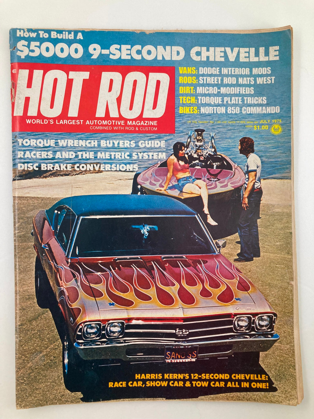Cover of VTG Hot Rod Magazine July 1975 Vol 28 #7 featuring Harris Kern's 12-sec Chevelle with eye-catching flame graphics, presented as an iconic piece of vintage automotive culture.