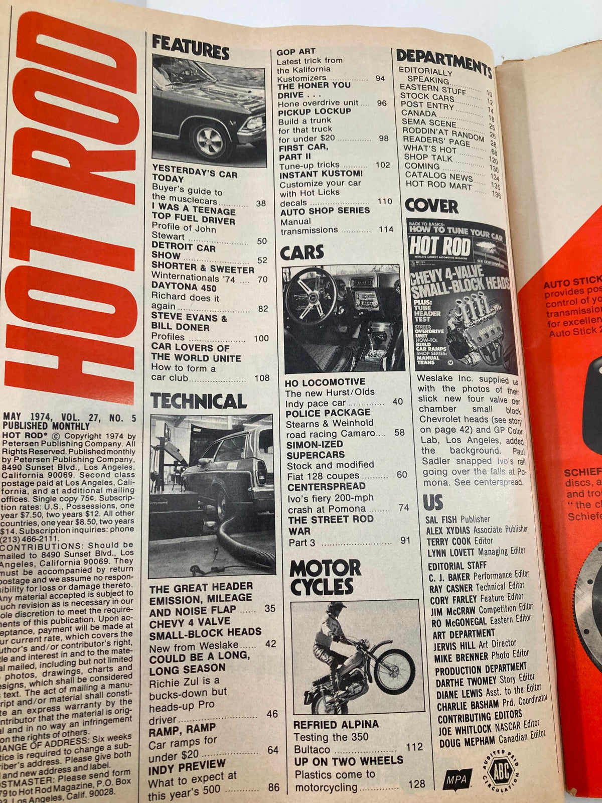 Table of contents page from Hot Rod Magazine May 1974 Vol 27 #5, listing features and articles including the Chevy 4-Valve Small-Block Heads.