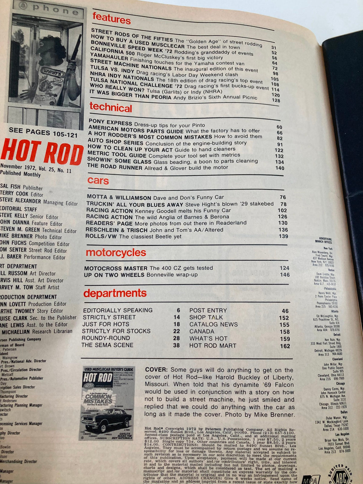 Inside page of VTG Hot Rod Magazine November 1972 Vol 25 #11 displaying table of contents with features and departments related to muscle cars and automotive mechanics.
