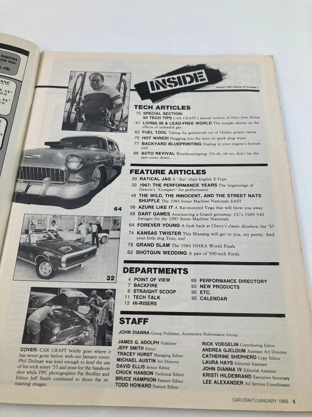 Inside page of VTG Car Craft Magazine January 1985 showcasing the table of contents and details of featured articles related to vintage cars.