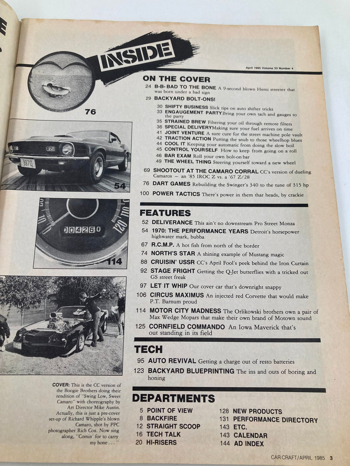 Inside cover page of VTG Car Craft Magazine April 1985 Vol 33 #4, featuring the contents with car customization themes, classic cars, and automotive features.