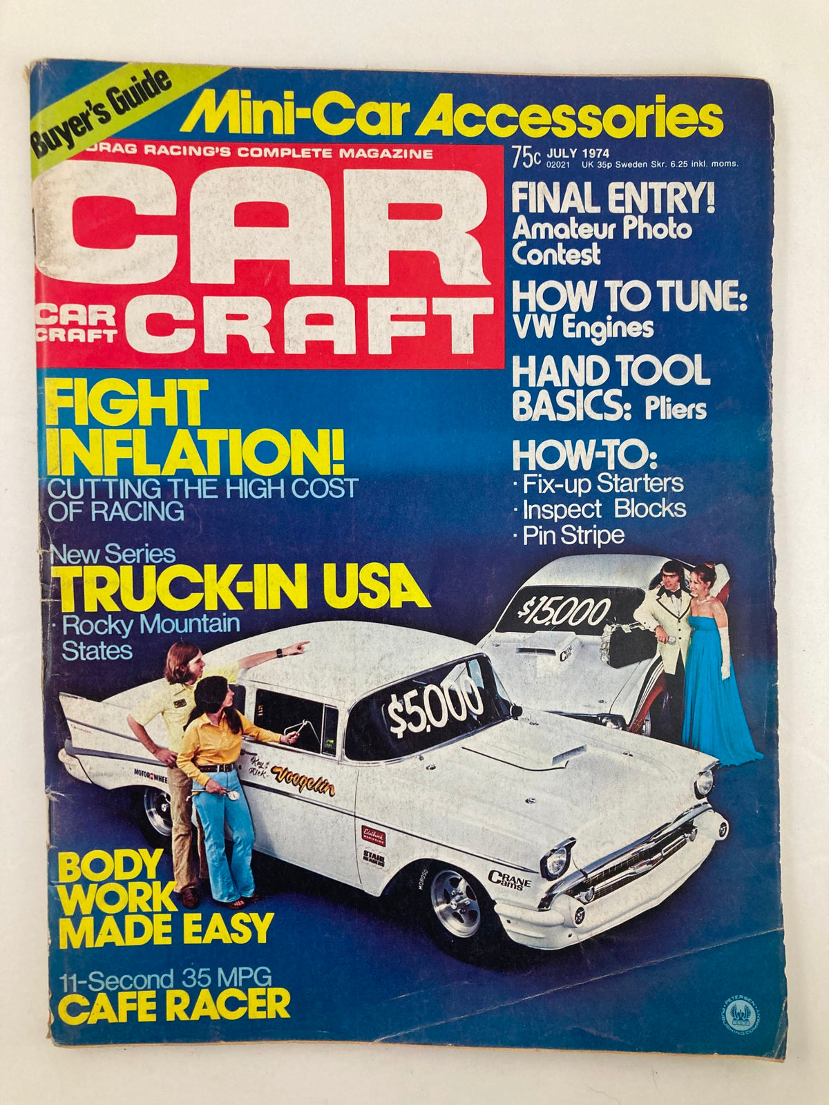 Cover of VTG Car Craft Magazine July 1974 Vol 22 #7 showcasing a vintage automotive theme with articles on racing, DIY tips, and Rocky Mountain states focus.