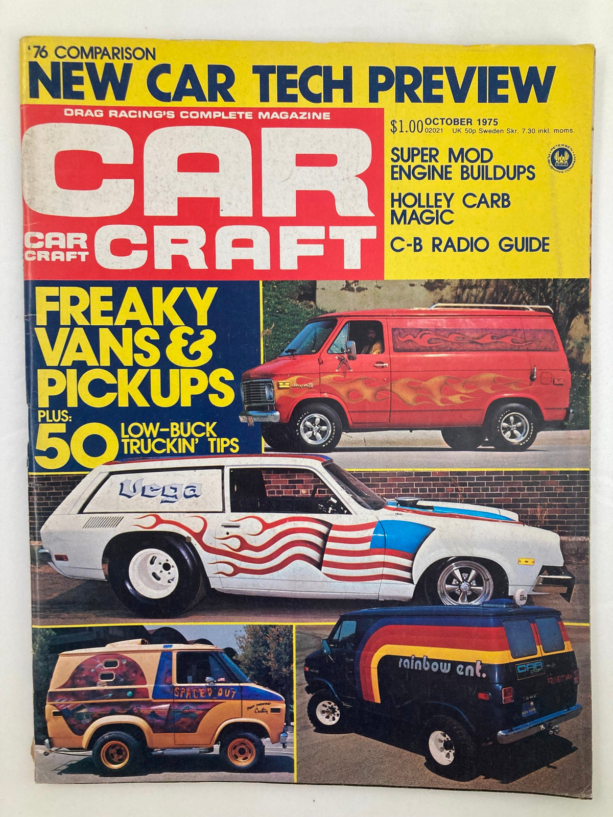 Cover of VTG Car Craft Magazine October 1975 Vol 23 #10 showcasing Freaky Vans and Pick-ups, featuring colorful custom vehicles and vibrant title design.