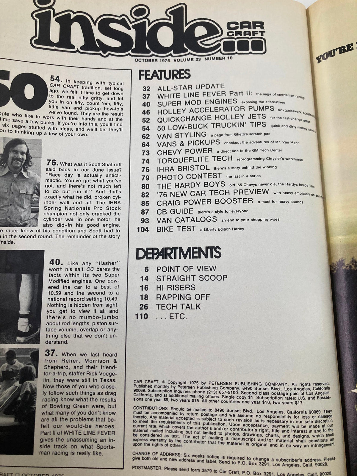Inside page of VTG Car Craft Magazine October 1975 Vol 23 #10, listing features and articles such as Van Styling, Low-Buck Truckin' Tips, and more, highlighting the content of the issue.