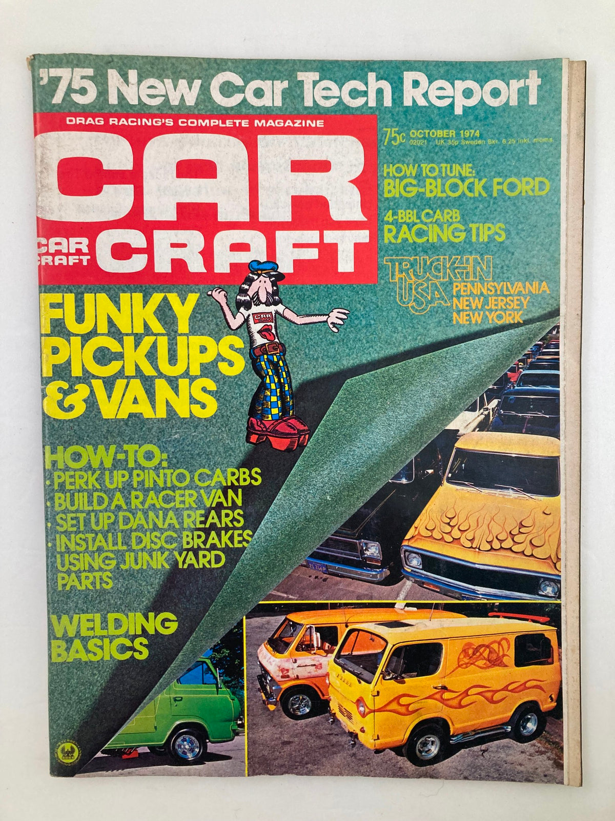Cover of VTG Car Craft Magazine October 1974 Vol 22 #10 featuring 'Funky Pickups and Vans', showcasing colorful vehicles and an illustrated character.