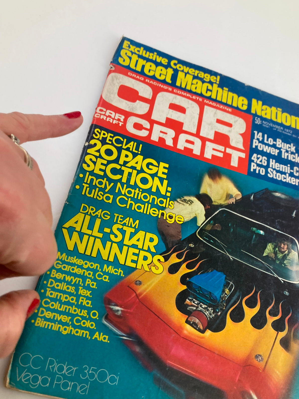 Close-up of the cover of VTG Car Craft Magazine November 1972 Vol 20 #11, showcasing the title and details about the drag team all-star winners and special features.