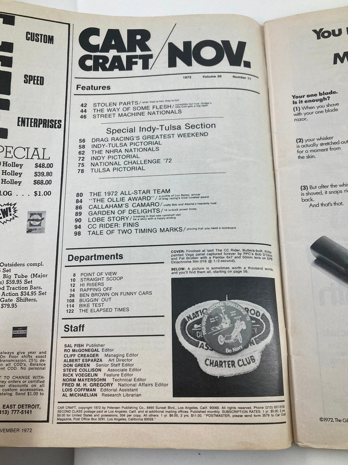 Interior page of VTG Car Craft Magazine November 1972 Vol 20 #11 displaying the table of contents and feature highlights, reflecting the magazine's focus on automotive innovations and culture.