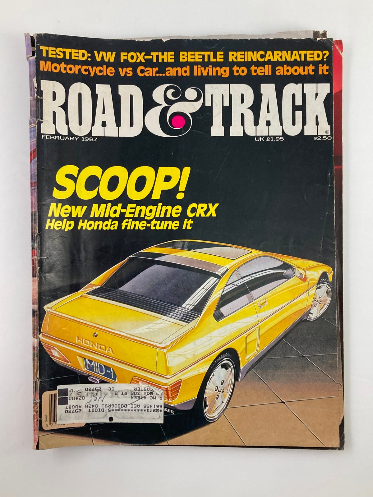 Cover of VTG Road & Track Magazine February 1987 Vol 38 #6 featuring the Mid-Engine CRX, showcasing a vibrant yellow vehicle design and bold headlines.