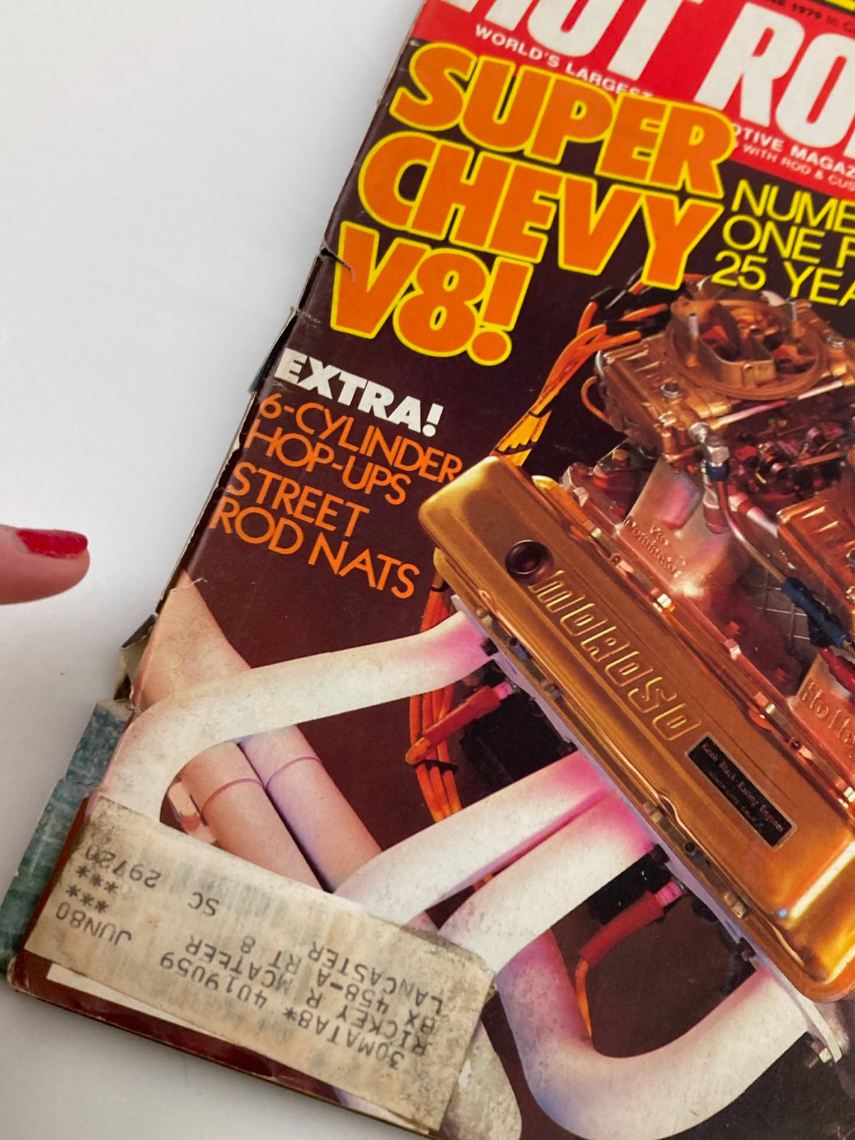 Close-up of the VTG Hot Rod Magazine October 1979 Vol 32 #10 cover highlighting the Super Chevy V8 and additional features on car modding.