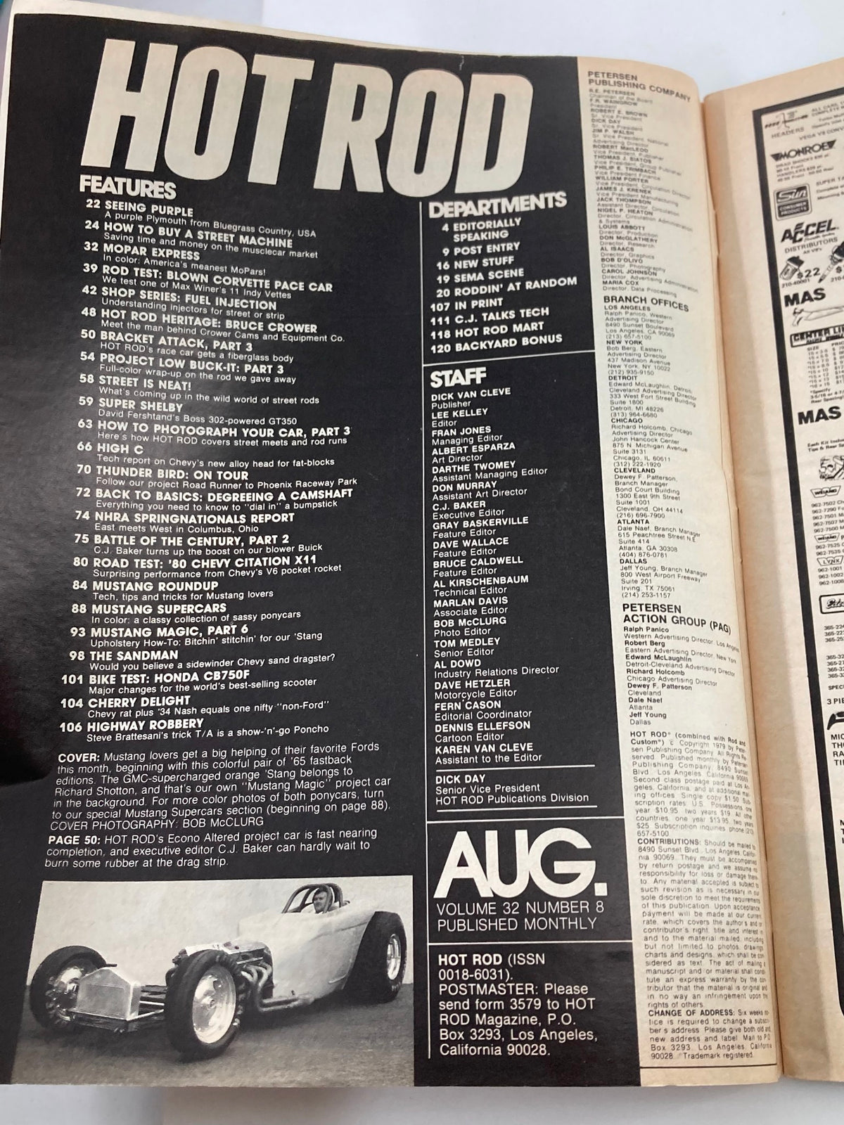 Table of contents page from VTG Hot Rod Magazine August 1979, highlighting features and articles including Mustang Supercars and automotive insights.