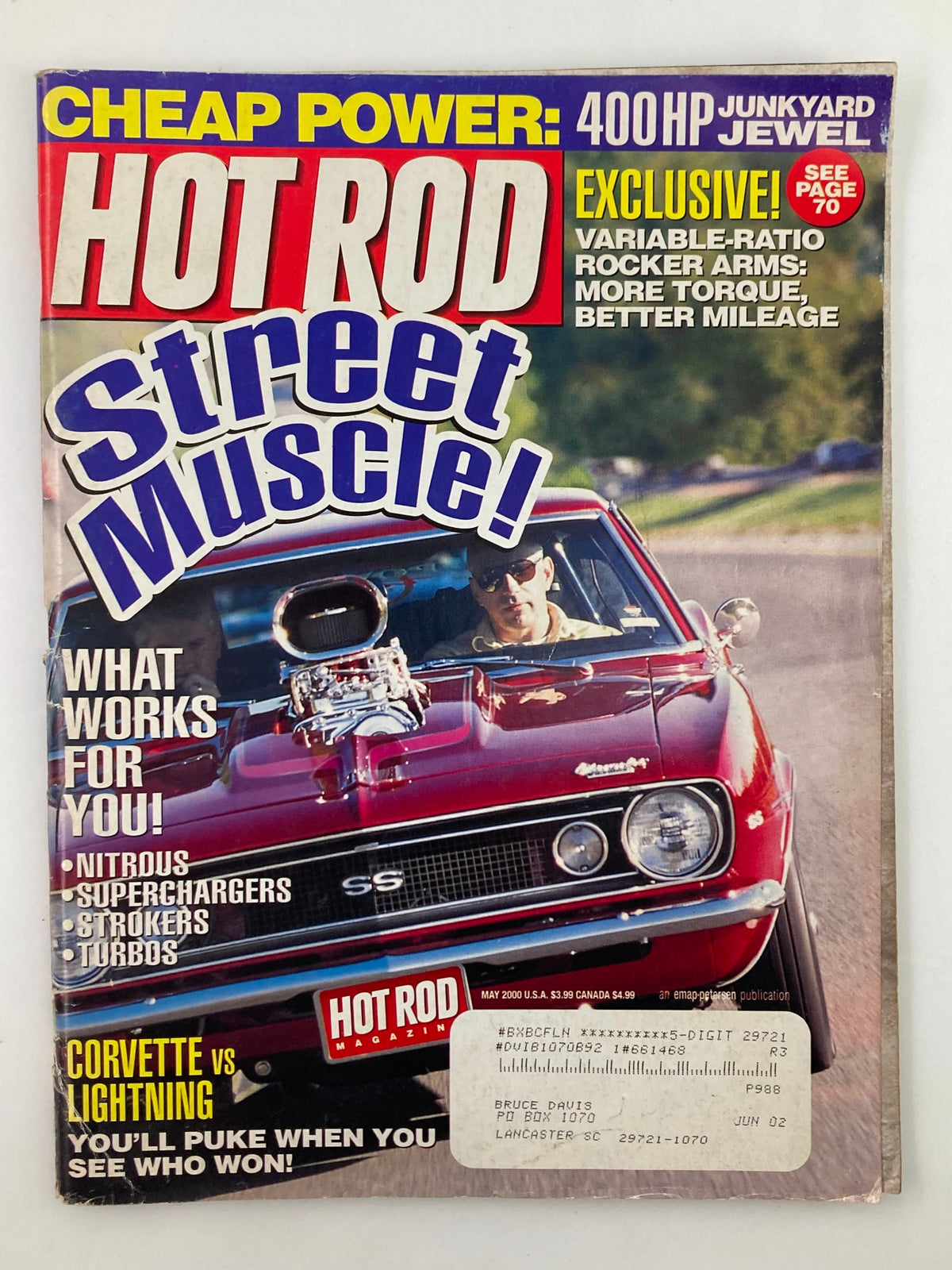 Cover of Hot Rod Magazine May 2000 Volume 53 #5 featuring a classic muscle car with a blower, titled 'Street Muscle'.