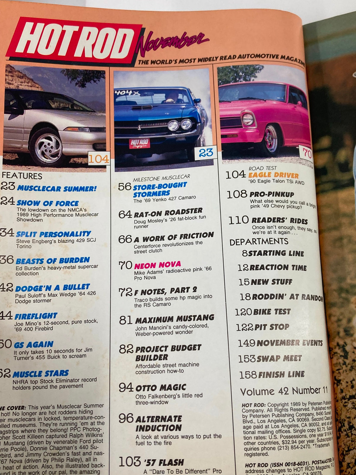 Table of contents from Hot Rod Magazine, November 1989, Vol 42 #11 listing features including 'Musclecar Summer' and details on the 1969 Yenko 427 Camaro, showcasing the magazine's focus on classic American muscle cars.