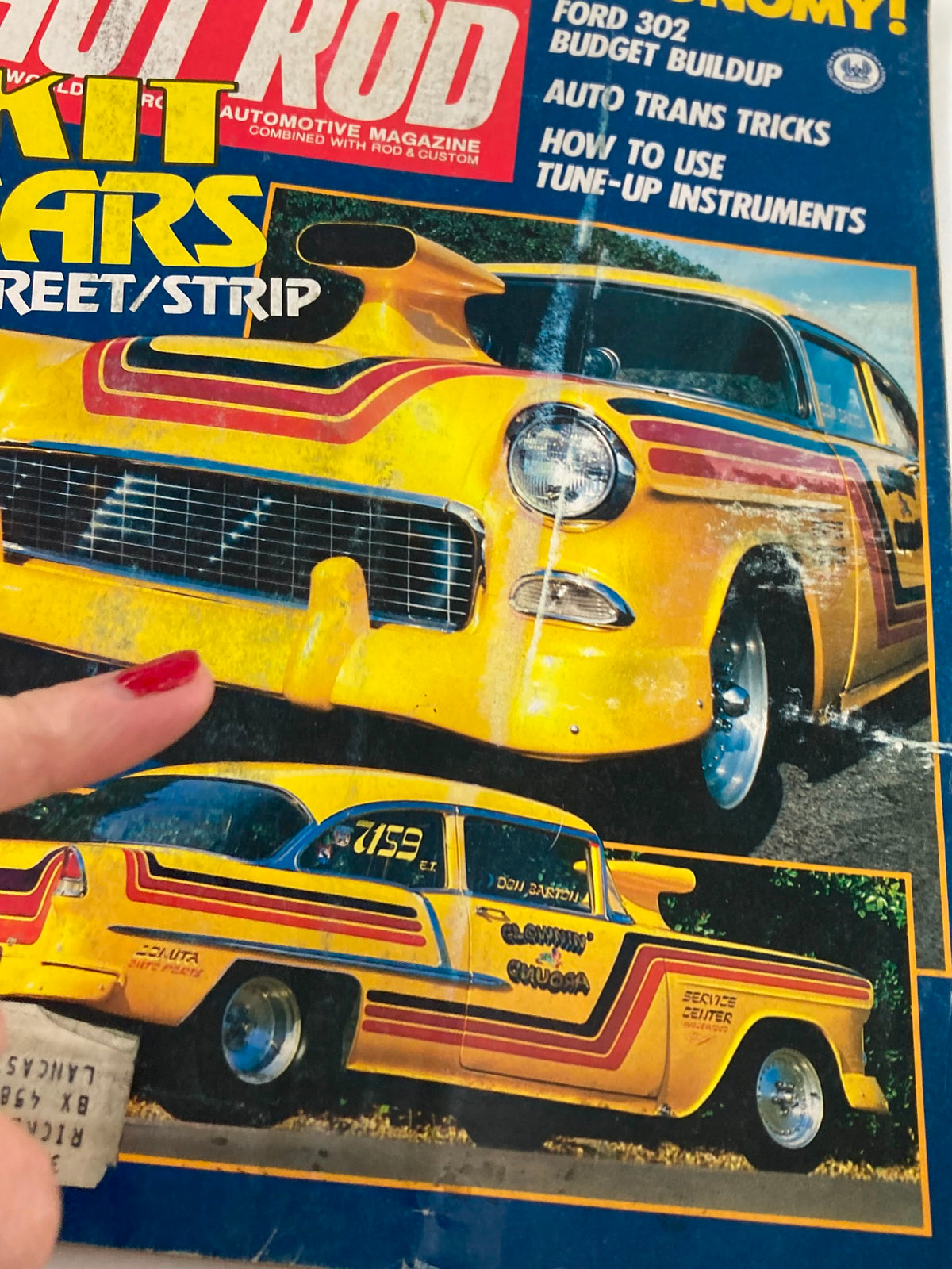 Close-up view of the cover of VTG Hot Rod Magazine April 1980 Vol 33 #4 How To Use Tune-Up Instruments highlighting a yellow car with a detailed design.