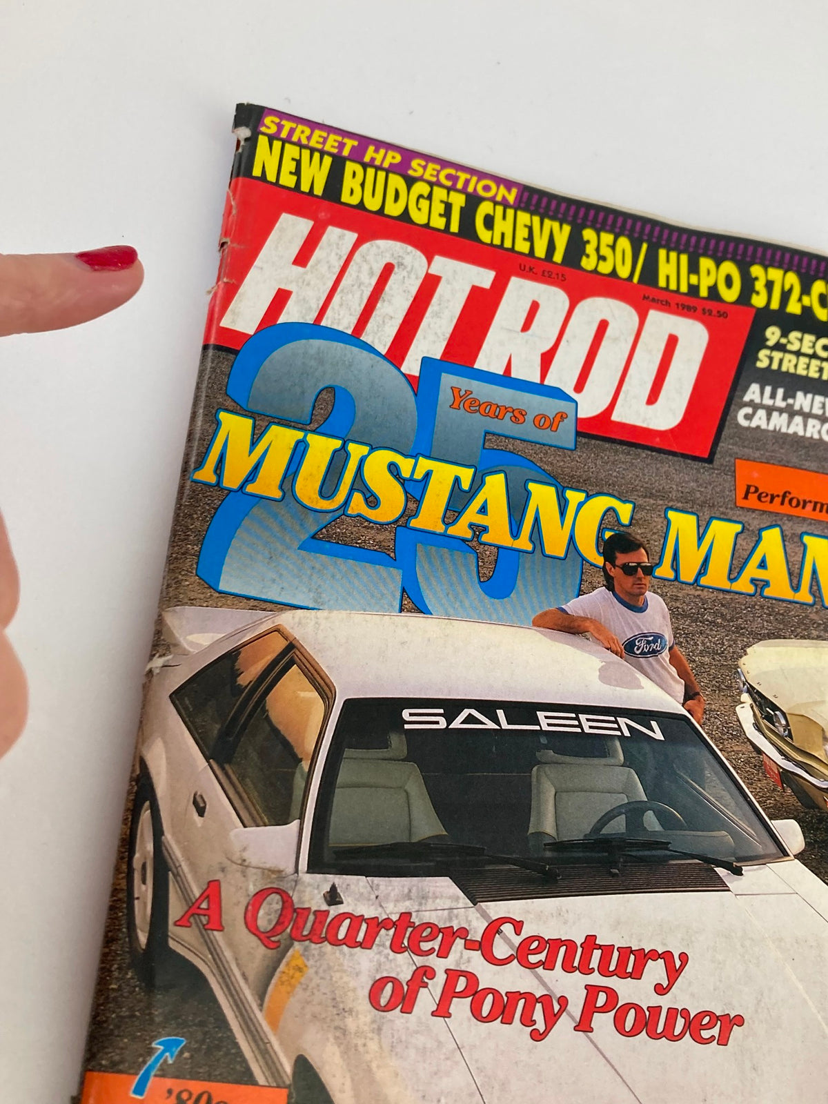 Close-up of the Hot Rod Magazine March 1989 Vol 42 #3 cover emphasizing the Saleen Mustang and the title A Quarter-Century of Pony Power.