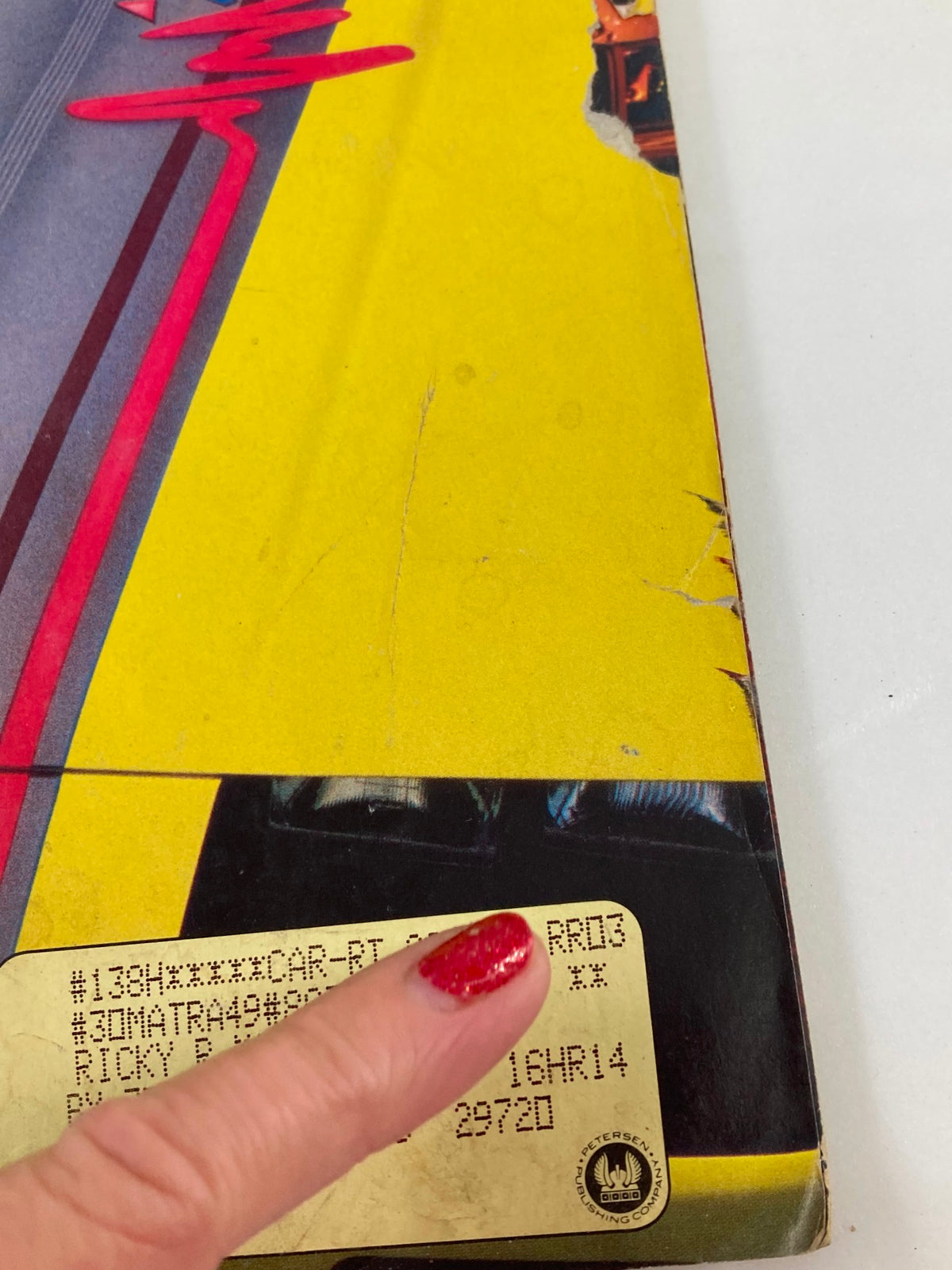 Close-up view of the lower corner of VTG Hot Rod Magazine March 1988 Vol 41 #3, showing details of the cover and magazine label associated with Don Miller's '87 Camaro.