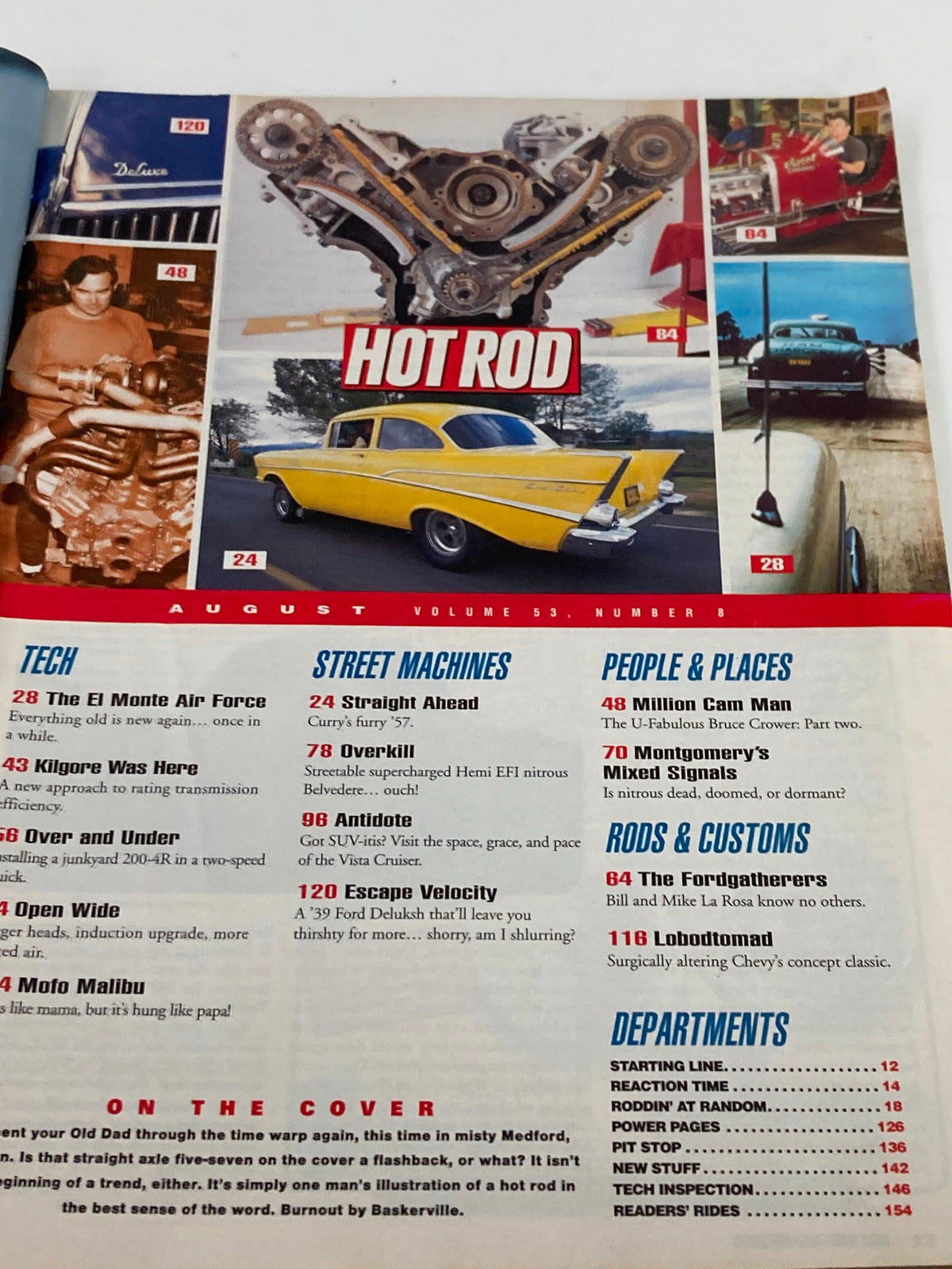 Inside page of Hot Rod Magazine August 2000 Vol 53 #8 featuring various articles such as 'Tech' and 'Street Machines', emphasizing the content about American muscle cars.