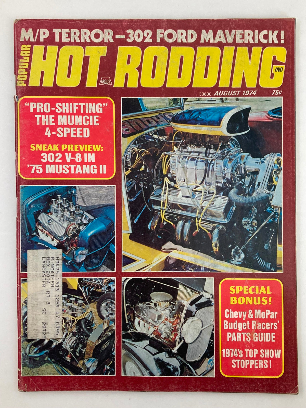 Cover of the VTG Popular Hot Rodding Magazine August 1974 Vol 13 #8 featuring pro-shifting the Muncie 4-speed, along with images of classic car engines and automotive modifications from the 1970s.