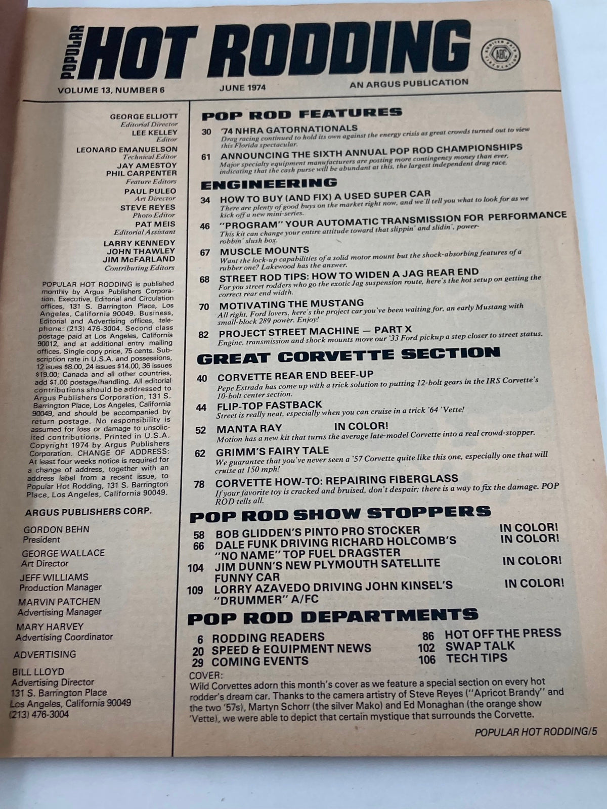 Contents page of VTG Popular Hot Rodding Magazine June 1974 Vol 13 #6, listing features and articles focusing on muscle car modifications.