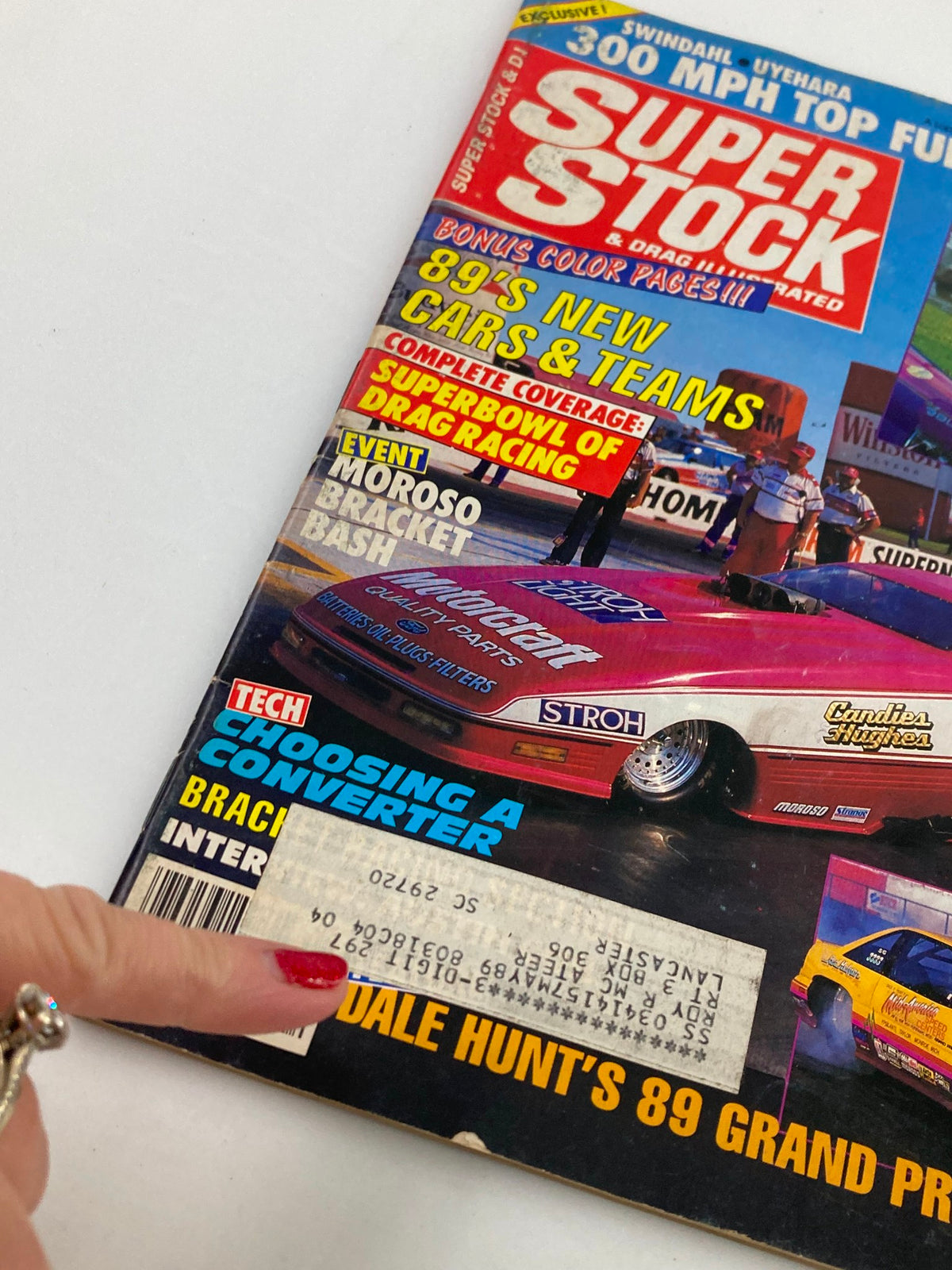 Close-up of VTG Super Stock Magazine April 1989 Vol 25 #4 showing barcodes and event details related to drag racing.