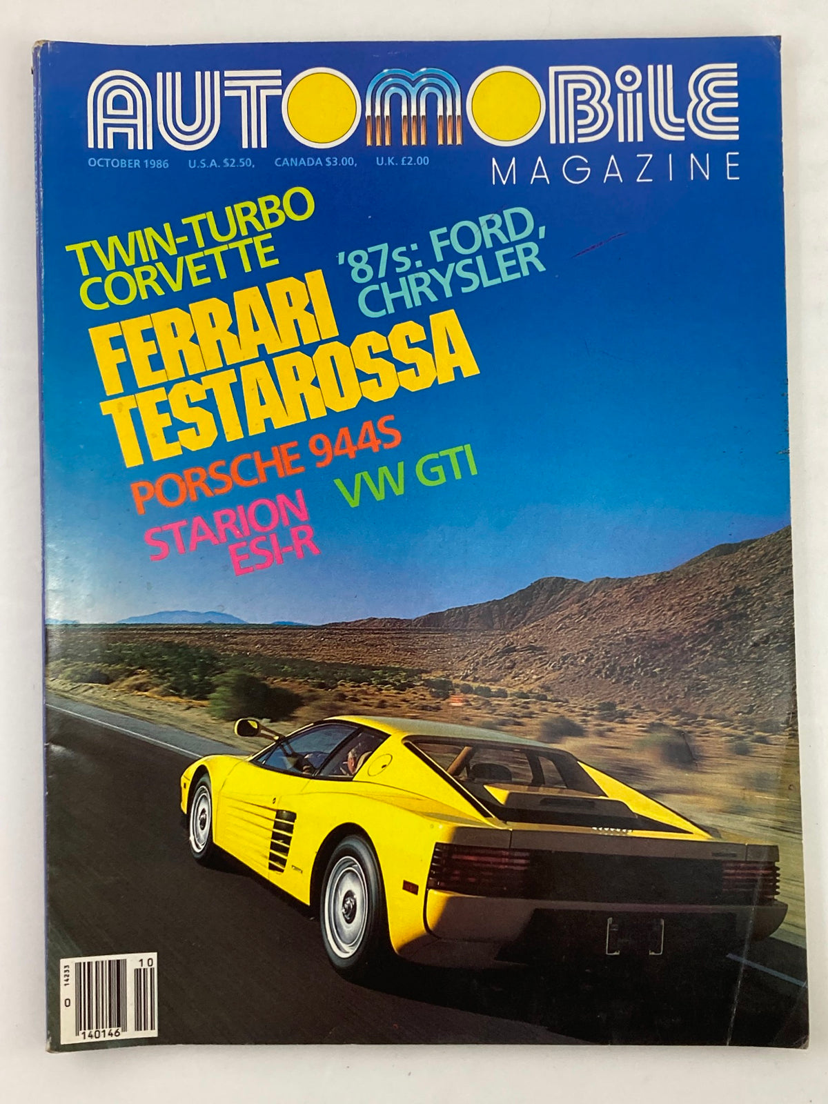 Cover of VTG Automobile Magazine October 1986 Vol 1 #7 featuring the Ferrari Testarossa, showcasing its iconic design in a yellow color against a scenic backdrop.