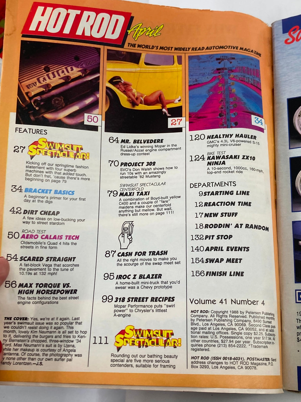 Contents page of VTG Hot Rod Magazine April 1988 Vol 41 #4 featuring articles on classic cars and customization techniques.