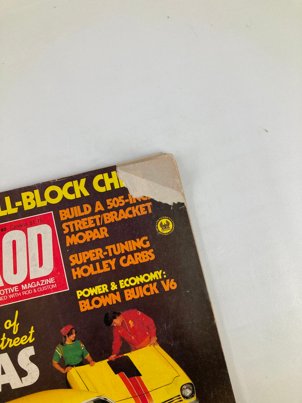 Close-up of the top corner of VTG Hot Rod Magazine May 1980 Vol 33 #5 showing the title and details along with visible wear.