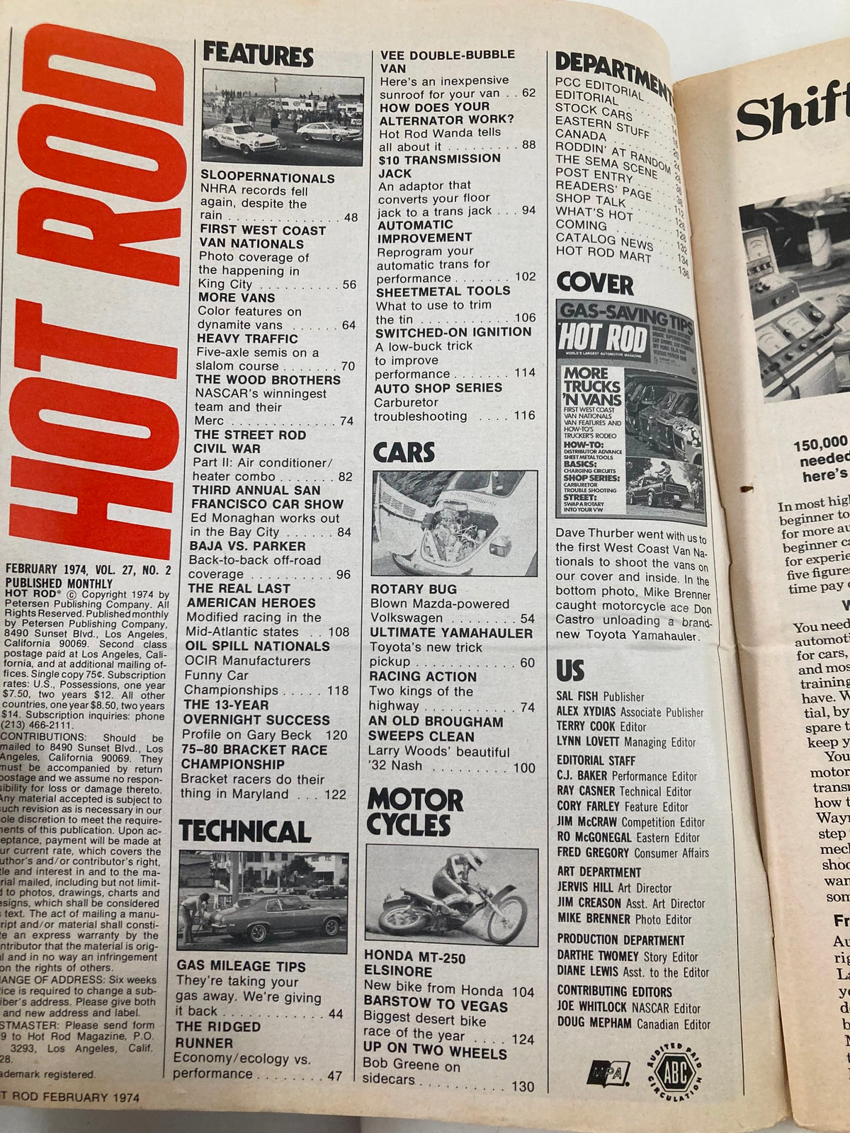 Table of contents from VTG Hot Rod Magazine February 1974 Vol 27 #2 More Trucks 'N Vans showcasing featured articles and sections.