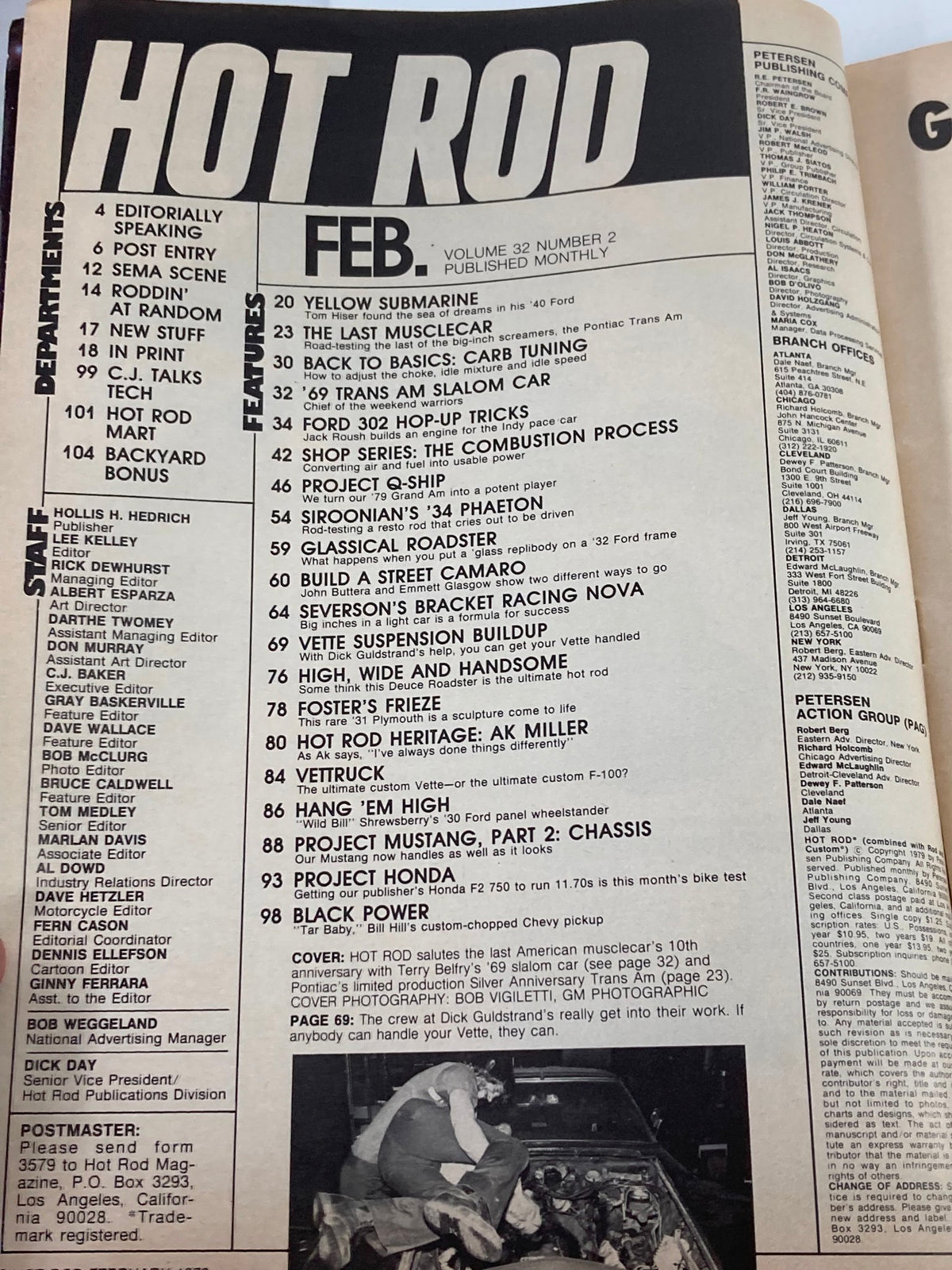 Interior page of VTG Hot Rod Magazine February 1979 Vol 32 #2 displaying the table of contents, featuring articles on various automotive topics.