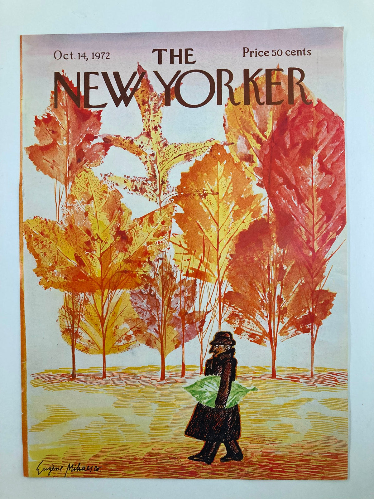 Cover of The New Yorker October 14, 1972, displaying 'The Bangor Man' illustrated by Eugene Mihaesco, illustrating a figure amidst colorful autumn leaves.