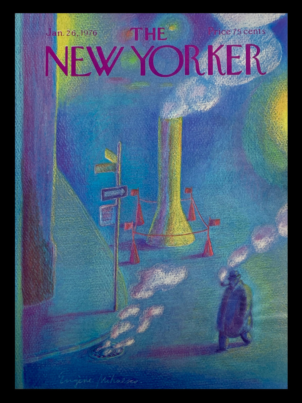 COVER ONLY The New Yorker January 26 1976 featuring artwork titled 'Steam Pipes' by Eugene Mihaesco, showcasing a colorful city scene with steam pipes and a pedestrian.
