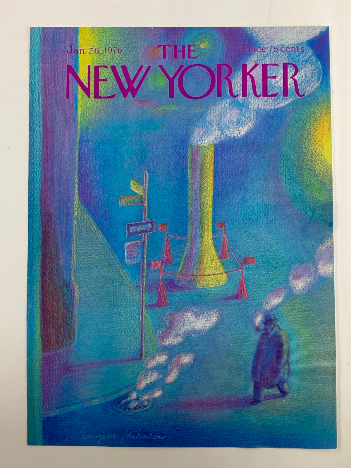 COVER ONLY The New Yorker January 26 1976 presenting 'Steam Pipes' by Eugene Mihaesco, vividly depicting an urban landscape with steam and signage.