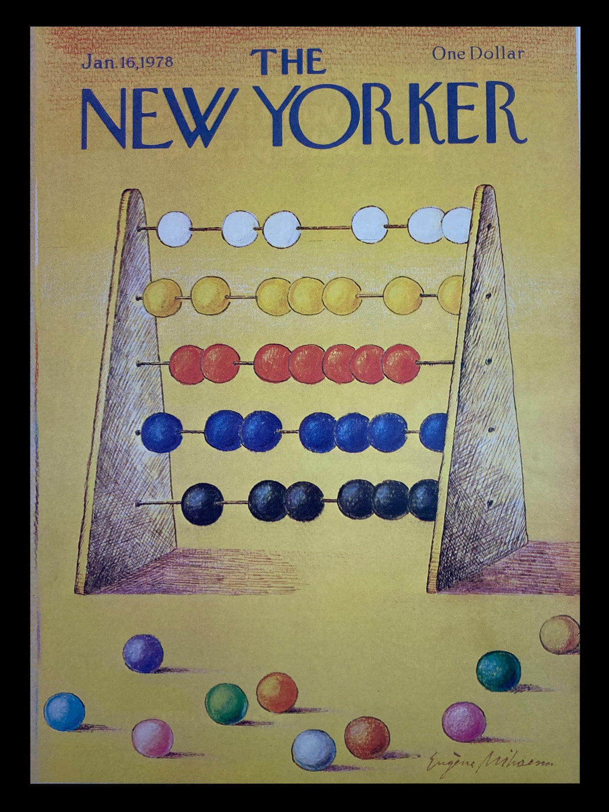 Cover art for The New Yorker dated January 16, 1978, featuring a colorful abacus illustration by Eugene Mihaesco, showcasing vibrant beads on a yellow backdrop.
