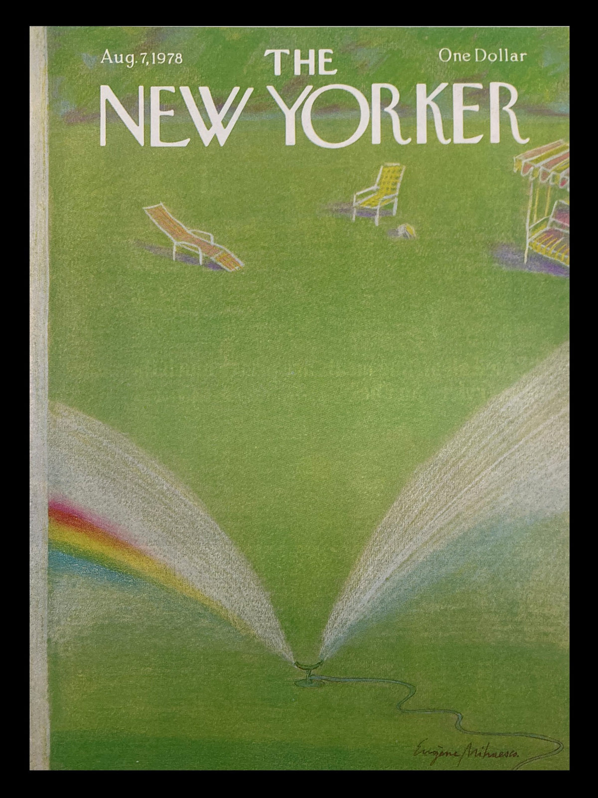 COVER ONLY The New Yorker August 7 1978 featuring a lawn sprinkler illustration by Eugene Mihaesco, showcasing vibrant greens and a rainbow effect from the sprinklers.