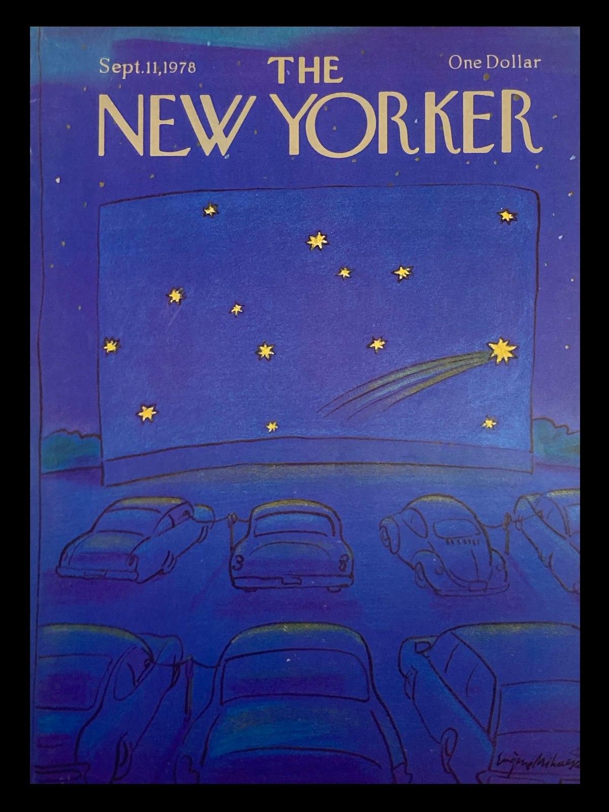 Cover of The New Yorker, September 11, 1978, featuring a colorful illustration of a drive-in movie scene with vintage cars and stars in the night sky by artist Eugene Mihaesco.