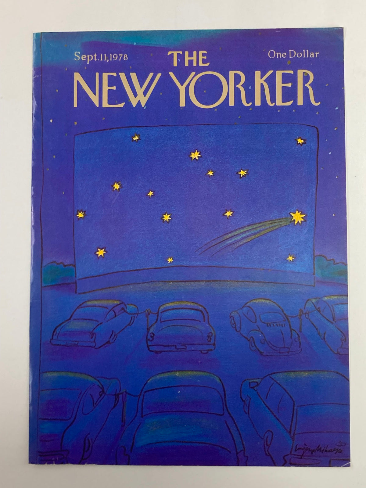 Cover of The New Yorker, September 11, 1978, showcasing a nostalgic drive-in movie theater design with classic cars parked beneath a starry night by artist Eugene Mihaesco.