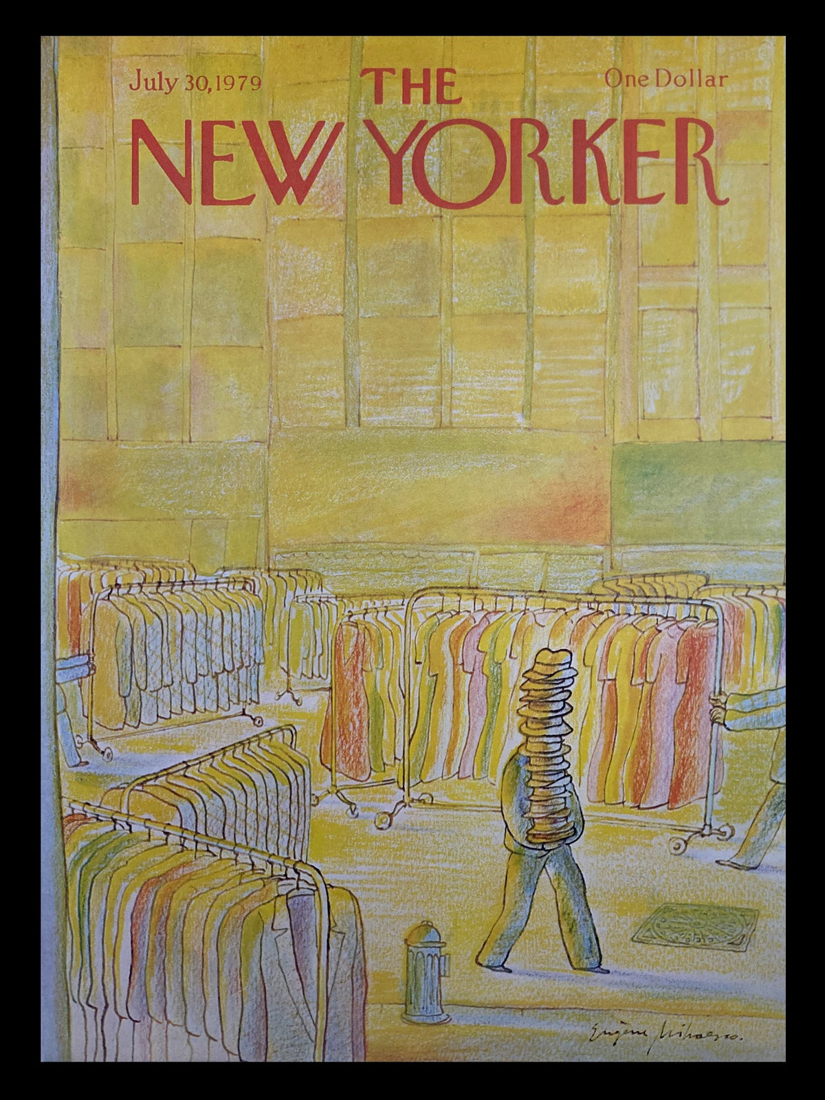 Cover of The New Yorker July 30, 1979, featuring an illustration of a clothing and hat sale by Eugene Mihaesco, showcasing vibrant colors and vintage fashion inspiration.