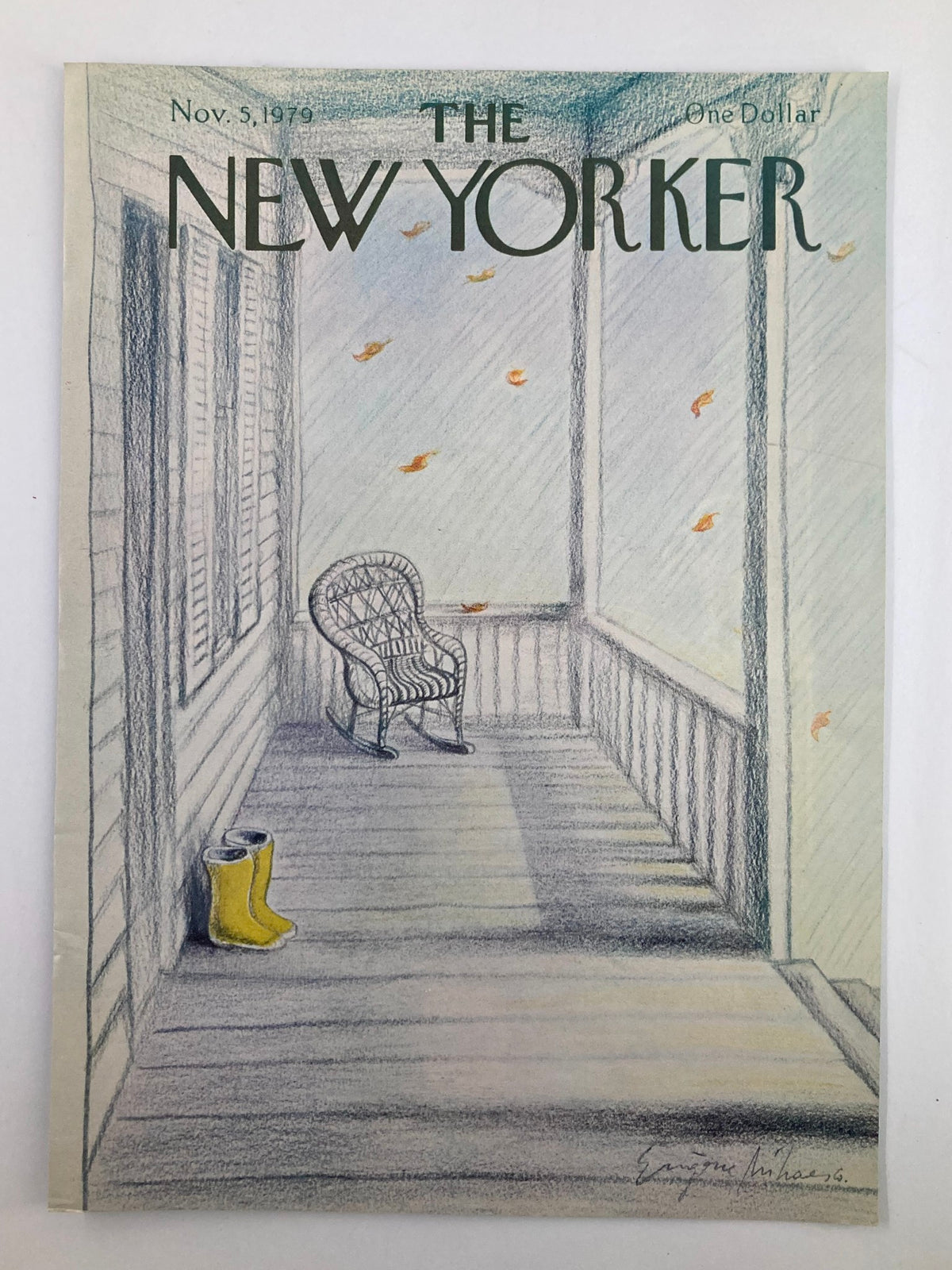 Cover of The New Yorker from November 5, 1979, featuring a charming porch with yellow boots, designed by artist Eugene Mihaesco.