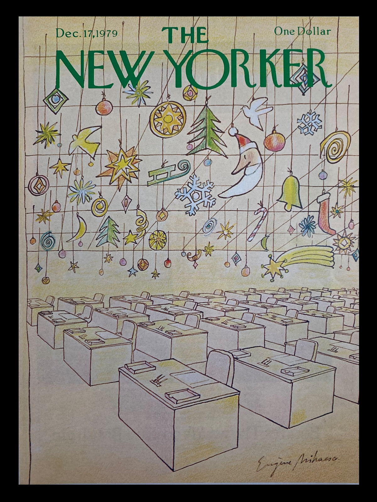 Cover Only The New Yorker December 17 1979 featuring whimsical Christmas illustrations by Eugene Mihaesco, showcasing festive decorations over a structure resembling office desks.
