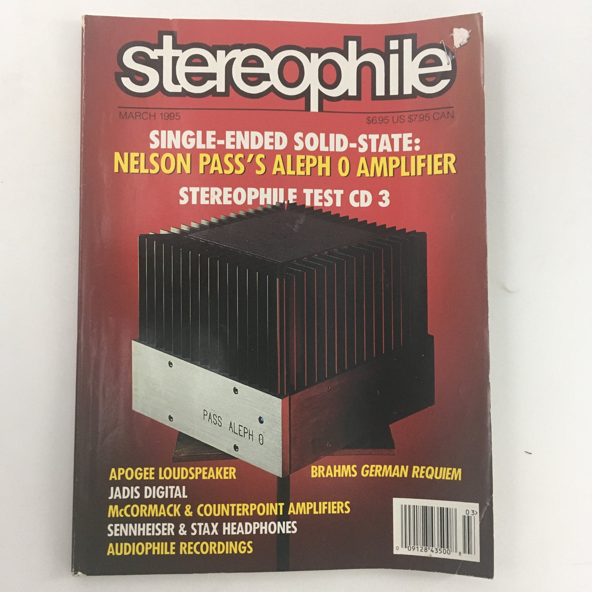 Stereophile Magazine March 1995 cover featuring Nelson Pass Aleph O Amplifier, showcasing solid-state technology and audio reviews.