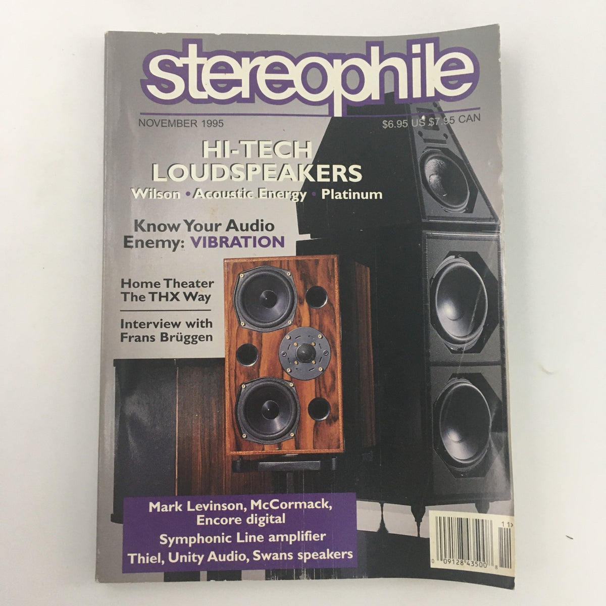 Cover of Stereophile Magazine for November 1995 featuring a focus on Mark Levinson Encore Digital, showcasing high-tech loudspeakers and articles about audio technology.