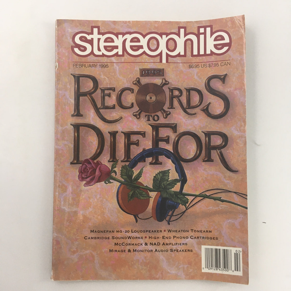 Cover of Stereophile Magazine February 1995 featuring the title 'Records To Die For' with a vintage design, showcasing a record and headphones, highlighting collectible music insights and reviews.