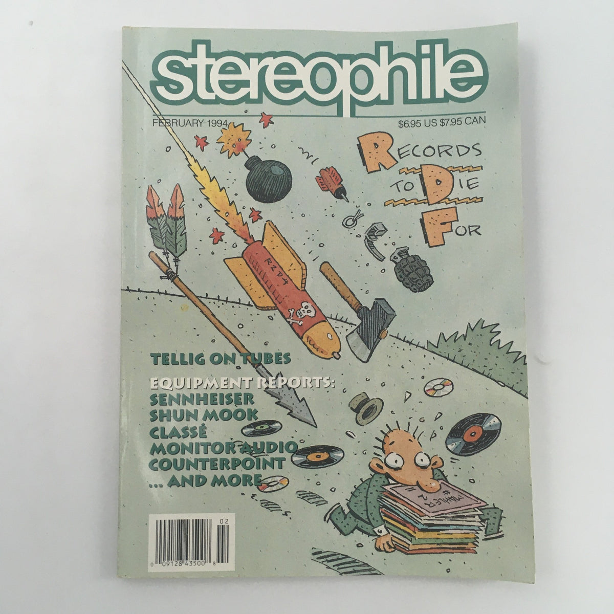 Cover of Stereophile Magazine February 1994 featuring illustrations and reports on Sennheiser, Shun Mook, and audio technology