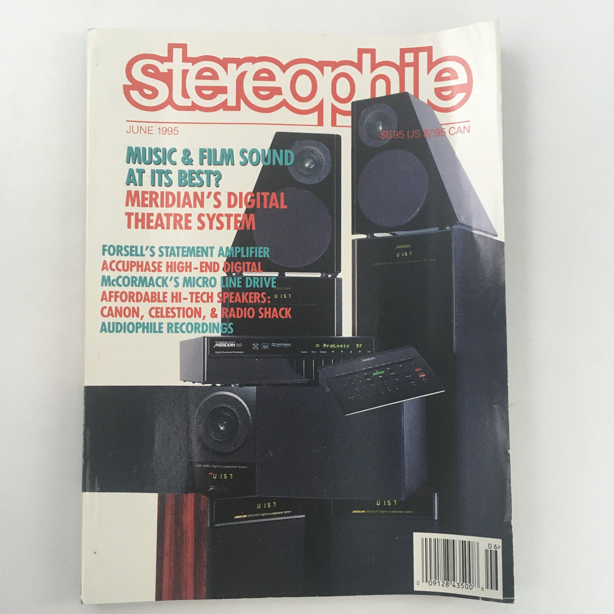 Stereophile Magazine June 1995 featuring Meridian's Digital Theatre System on the cover, showcasing audio technology with various speakers and components listed. Ideal for vintage magazine collectors and enthusiasts of audio equipment.