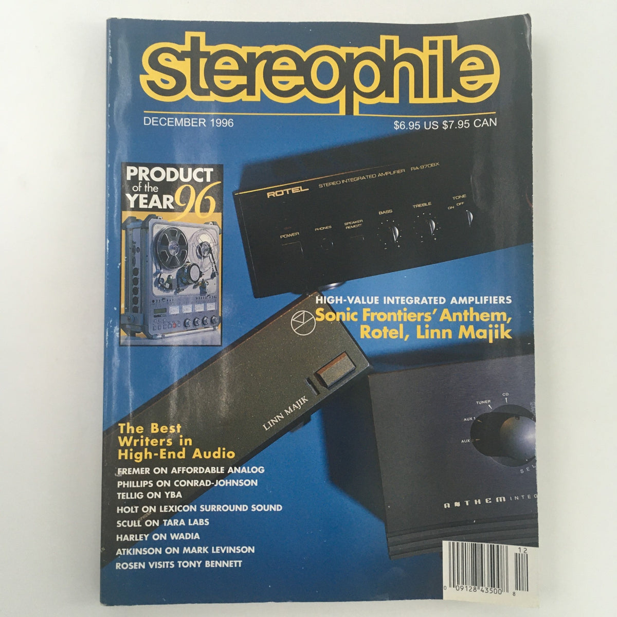 Stereophile Magazine December 1996 cover featuring Sonic Frontier, Anthem, and Linn Majik high-value integrated amplifiers, showcasing vintage audio culture and reviews of the era's best equipment.