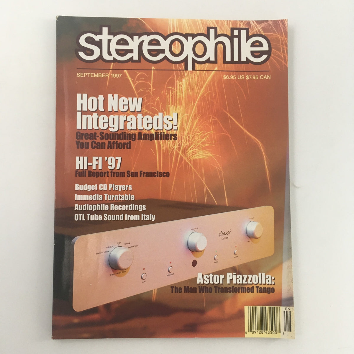 Cover of Stereophile Magazine, September 1997 edition, featuring Astor Piazzolla on the front, highlighting his influence on tango music along with articles about integrated amplifiers and audiophile recordings.